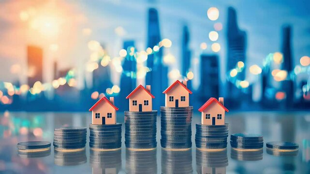 House models on top of stacks of coins with a city skyline in the background.