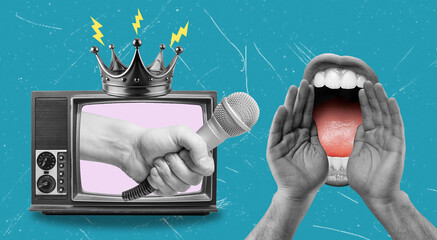 Modern art collage showing a hand with a microphone from a TV set with a crown, interviewing a big...