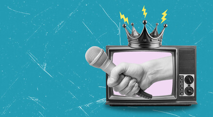 Modern art collage featuring a hand with a microphone from a TV set with a crown, copy space.