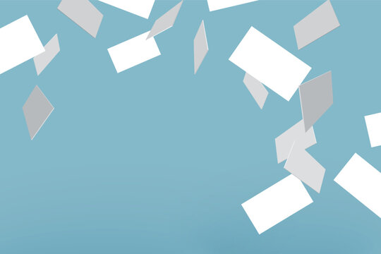 Vector illustration of falling white paper cards from above on transparent background.