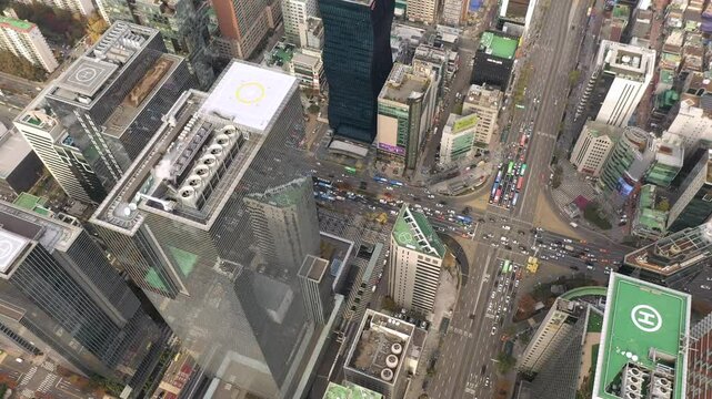 SEOUL, SOUTH KOREA - SEPTEMBER 9, 2024: Aerial view of the busy cityscape and skyscrapers of this vibrant metropolis