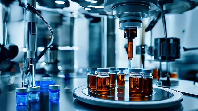 Close-up of a robotic arm dispensing liquid into small vials in a pharmaceutical manufacturing facility.