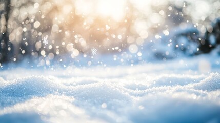 Snowflakes gently falling on a serene snow-covered field, bathed in golden sunlight, create a magical winter scene
