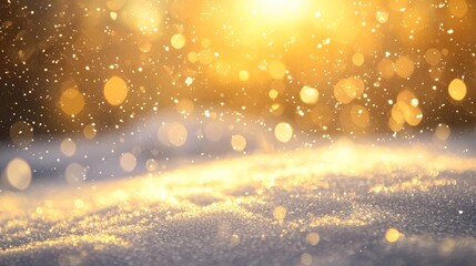 Obraz premium The golden sun sets, casting a warm glow on fresh snow, creating a magical winter wonderland with beautiful bokeh. Peaceful and festive, perfect for holiday celebrations