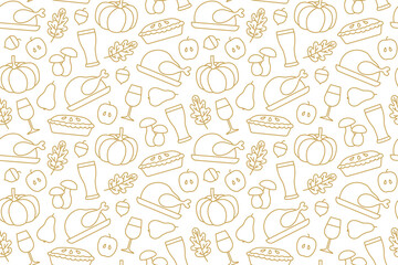 Thanksgiving seamless pattern with roasted turkey, acorn, pear, apple, beer, wine, mushroom, apple pie, pumpkin, oak leaf icons- vector illustration