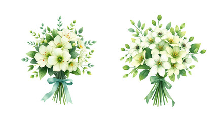 cozy homewarming gift bouquet with light green, delicate flowers and tropical leaves, isolated on white, brush stroke art, ink style