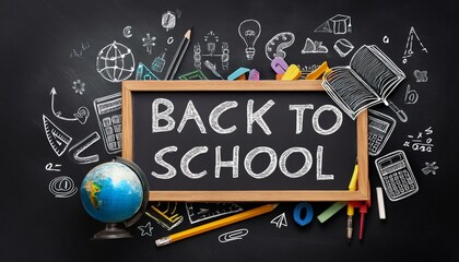 Back to school concept with chalkboard and educational doodles on black background. 3D Rendering