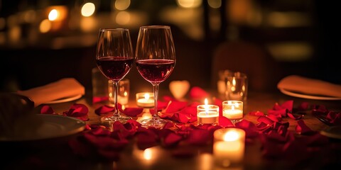 A beautifully set table for two, lit by candles, surrounded by rose petals and wine glasses, creating a cozy and romantic atmosphere for Valentine's Day.