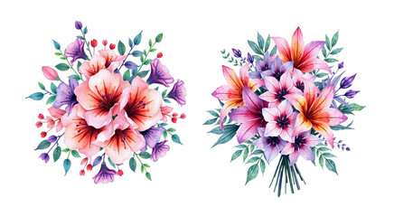 Fototapeta premium tropical housewarming arrangement bouquet with purple, huge flowers and beech leaves, brush stroke art, ink style, white background