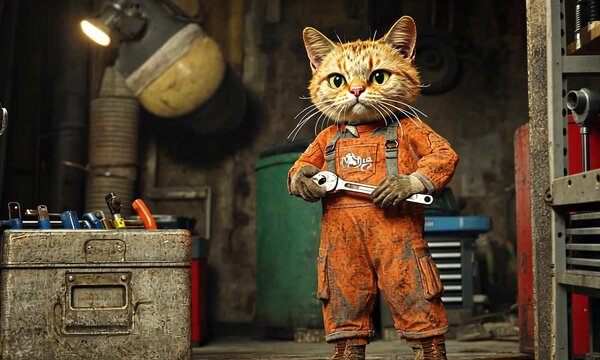 A cat dressed in orange overalls and holding a wrench stands in a cluttered workshop with a toolbox and a green trash can.