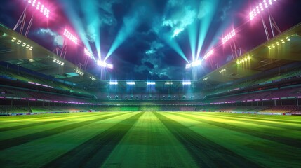 cricket stadium with lights, vibrant colours, lights on, night time, full view of the ground, photorealistic, cinematic, wide angle shot, 3d render, symmetrical, colourful,