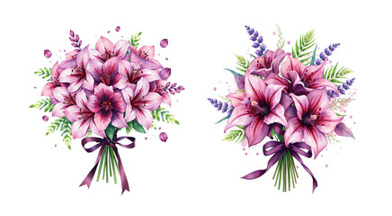Fototapeta premium engagement love surprise bouquet with deep purple, big flowers and areca palm frond, white background, brush stroke art, painted style