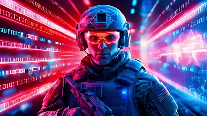 A soldier in a futuristic helmet with glowing visor stands in front of a digital background. - Powered by Adobe