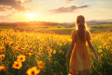 Obraz premium Little girl walking through a sunflower field at sunset capturing the beauty peace and joy of childhood exploration in a warm glowing outdoor setting filled with golden light