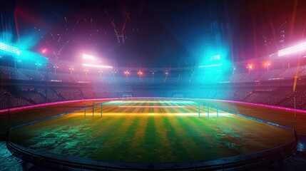 cricket stadium with lights, vibrant colours, lights on, night time, full view of the ground, photorealistic, cinematic, wide angle shot, 3d render, symmetrical, colourful,