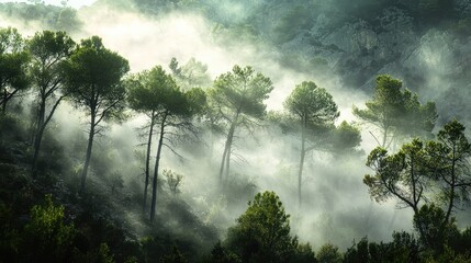 Obraz premium Misty Morning Scene in Mountain Landscape