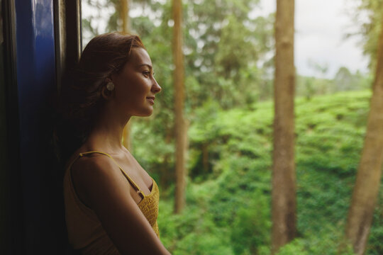 Peaceful woman gazing out of a train window at lush green tea plantations during a scenic ride. Ideal for travel, adventure, nature, eco-tourism, and mindfulness-focused lifestyle content.