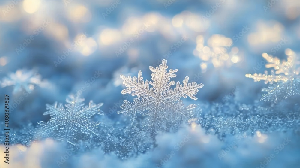 Poster macro photo of snowflakes lying on snow with a blurred background and shallow depth of field. the de