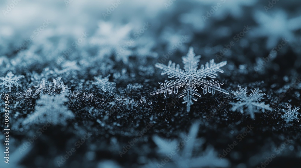 Poster macro photograph capturing the delicate details of a snowflake resting on frozen ground, surrounded 