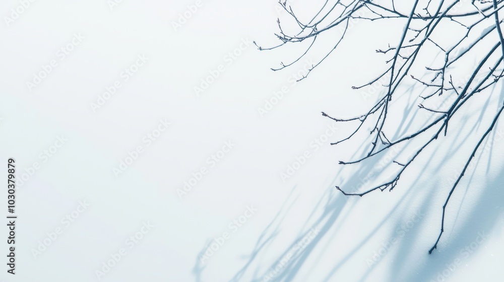 Poster serene winter scene featuring bare tree branches casting long shadows on a pristine white snow-cover