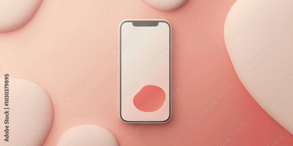 Poster modern smartphone with blank screen lying on pink background surrounded by organic shapes, perfect f