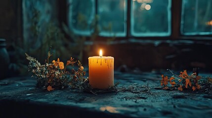 A candle lit in a dark room, offering a sense of hope and safety
