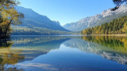 Fototapeta premium A calm lake, reflecting mountains, representing mental balance and reflection