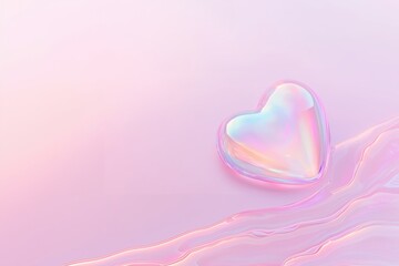 Glass holographic heart on soft pink background with space for text, soft pink plain background....