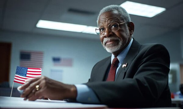 Senior US citizen voting at table in polling station with a small american flag in the background