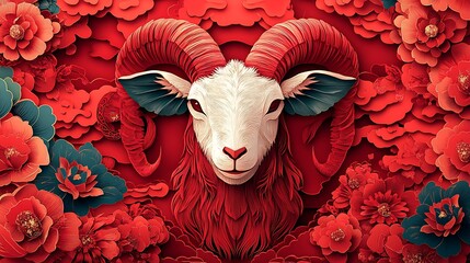 A Chinese zodiac goat, intricately depicted in red paper-cut style, surrounded by traditional floral and cloud patterns, celebrating the new year with auspicious symbols and detailed craftsmanship.