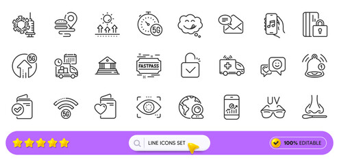 Coronavirus vaccine, New mail and Food delivery line icons for web app. Pack of Sunglasses, 5g internet, Smartphone statistics pictogram icons. Yummy smile, Verification document. Search bar. Vector