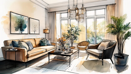 Watercolor sketch of a cozy living room with a large window