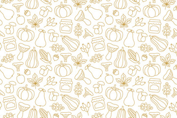 Thanksgiving, autumn seamless pattern with acorn, pear, apple, mushroom, pumpkin, leaves, corn, jam jar icons- vector illustration