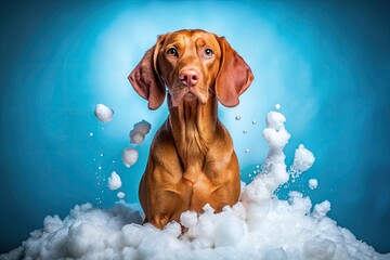Elevate your pet salon's appeal with a captivating Vizsla grooming photo on a striking blue backdrop. Perfect for showcasing your grooming skills and attracting clients!