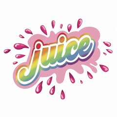 Juice (pride, pink illustration ) hand written lettering, juice logo, label or badge for groceries, fruit stores, packaging and advertising. Splash with drops badge Logotype design. white background.