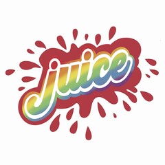Juice (pride, red illustration ) hand written lettering, juice logo, label or badge for groceries, fruit stores, packaging and advertising. Splash with drops badge Logotype design. white background.