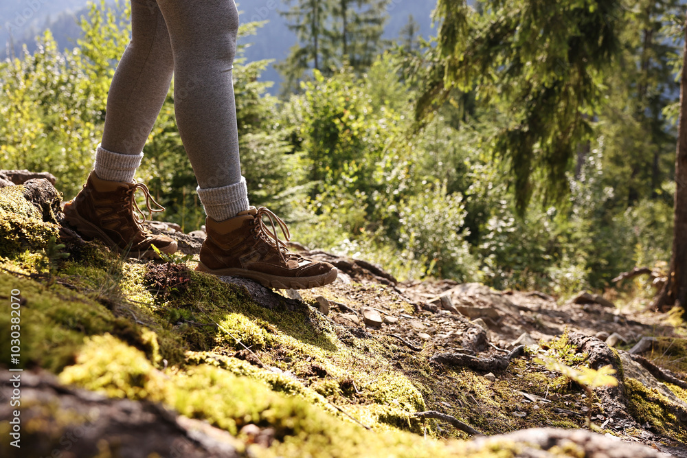 Wall mural Young hiker wearing trekking shoes outdoors, closeup