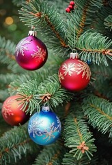 Fototapeta premium Colorful Christmas decorations adorn the branches of a spruce tree, vibrant balls in shades of red, blue and pink, embodying holiday cheer in winter. Happy New Year art bokeh background. Generative AI