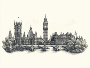 Obraz premium Hand-drawn sketch of London along the Thames River