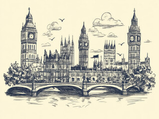 Hand-drawn sketch of London along the Thames River