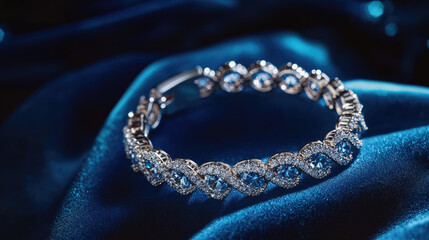 Obraz premium A diamond bracelet photographed against a midnight blue velvet background, with the diamonds sparkling brightly, showcasing luxury and exclusivity.
