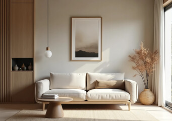 Japandi interior design, elegant minimal living room.