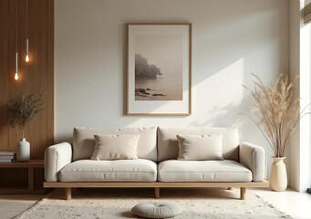 Japandi interior design, elegant minimal living room.