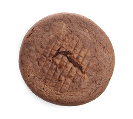 Tasty chocolate sponge cake isolated on white, top view