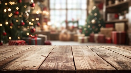 empty wooden table with Santa's workshop on background