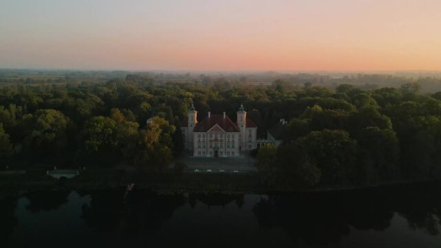 Palace at Otwock Wielk, Poland. Bielińscy Family palace. Aerial photography of the palace on the lake shore. 