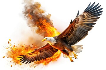 Wide-angle shot of an eagle in flight with a fire splash in a white background