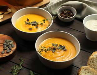 Delicious pumpkin soup served on wooden table, closeup