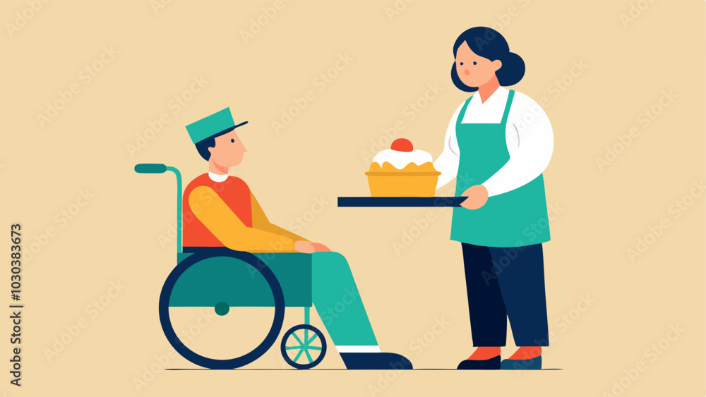 Poster waitstaff assistance a friendly server assisting a customer in a wheelchair offering help with the m