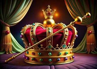 Royal Cartoonish Jubilee: Golden crown, regal scepter, majestic throne, vibrant colors, playful expressions